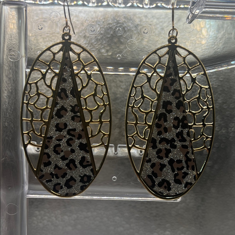 Plastic Leopard Print Gold Dangle Earrings